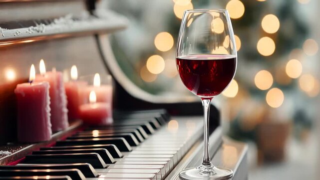 Elegant candlelit piano with wine glass creating romantic atmosphere