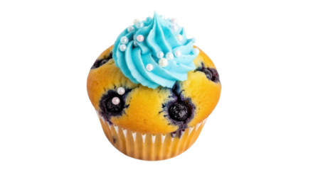 Delicious blueberry cupcake with blue frosting and sprinkles isolated PNG, sweet treat for birthdays and celebrations on transparent background