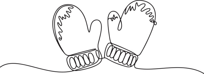 Winter Mittens one line drawing, Santa Christmas mittens. One line, outline, line art, Continuous linear drawing of mittens. Mittens icon. one line Icon drawing
