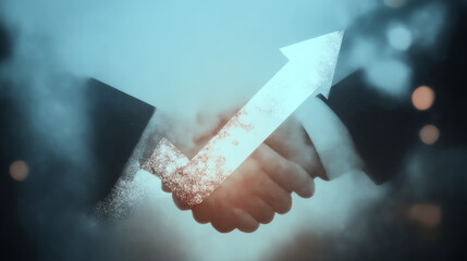 ビジネスの成功とパートナーシップを表す握手と上昇する矢印