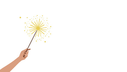 Hand holding minimal sparkler on clean white background in festive concept