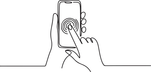 One continuous line drawing of Fingers touching, tapping, scrolling smartphone screens concept. Doodle vector illustration in simple linear style. one line Icon drawing