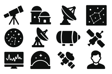 Astronomy Icons. Solid style icons of observational astronomy: telescope silhouette, space observatory, satellite dish, sky survey