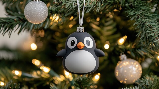 Colorful fondant Christmas baubles feature a charming penguin design and decorative snowflakes, enhancing holiday tree decor - Powered by Adobe