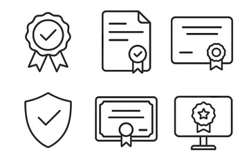 CBE Certification Icons. Line style icons of CBE certification and recognition: accredited badge, official transcript file,