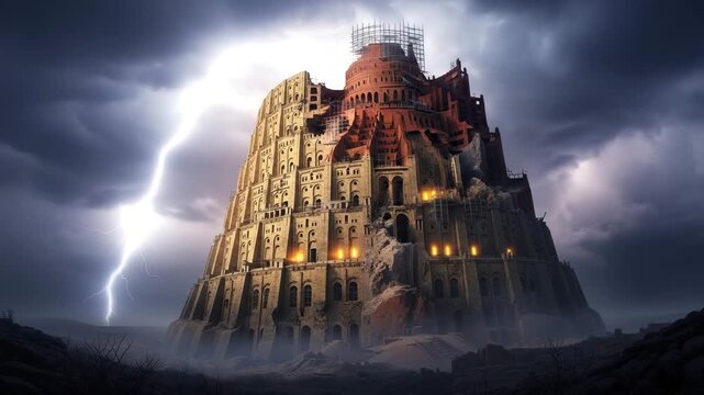 A towering ziggurat structure under a stormy sky. The Babylon Tower features intricate designs and illuminated windows, symbolizing the biblical story of Babel.