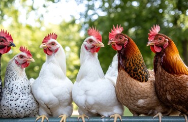 Fototapeta premium Bright sunlight illuminates a group of chickens in an outdoor pen, showcasing their vibrant feathers and lively expressions amidst green trees.