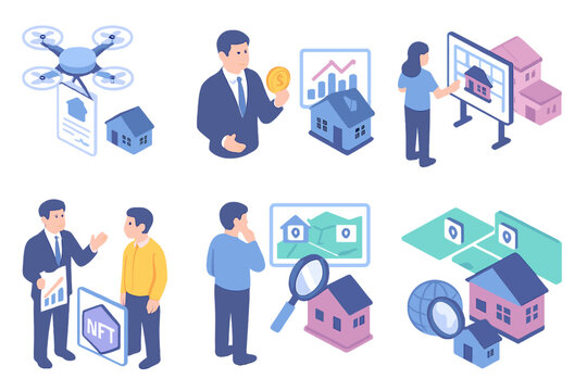 Real Estate Innovations. Isometric vector illustration set of Real Estate: real estate drone delivering contract, investor with