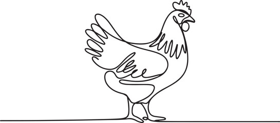 Continuous line art or One Line drawing of chicken for vector illustration, business farming. chicken pose concept. one line Icon drawing