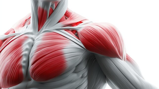 Close up of human muscle system in red and white color scheme on isolated background, focusing on upper left corner with muscles emerging from behind arm, highlighting chest and shoulder muscles.