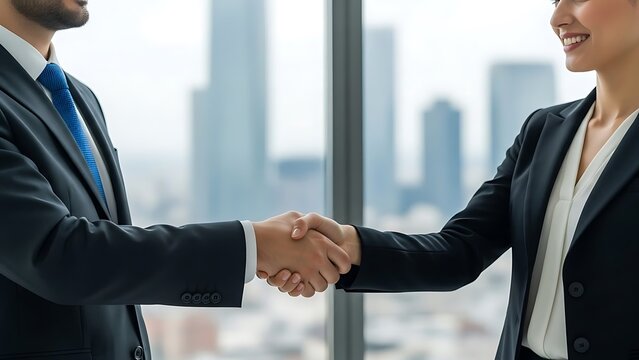 Successful business deal handshake in modern office with city view, celebrating partnership and trust, a symbol of growth and collaboration worldwide