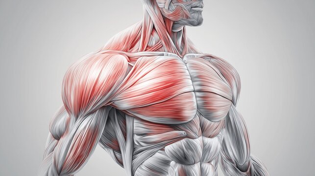 Illustration of human body muscles focusing on upper arm muscle composition with detailed red lines highlighting structure and texture against neutral gray background.