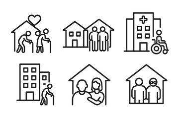 Naklejka na ściany i meble Senior Housing Icons. Line style icons of housing for seniors: assisted living home, retirement village, nursing facility icon,