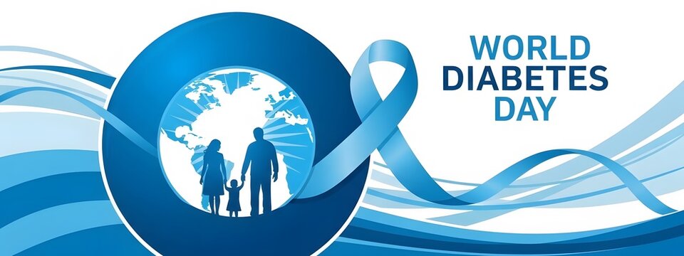 World Diabetes Day Banner Template with Family Silhouette and Blue Ribbon - Powered by Adobe