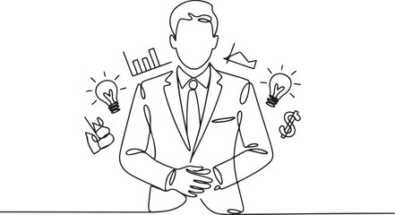 Continuous one line drawing of Businessman with floating business icon. Single line drawing illustration of Young businessman. Success business concept vector art. one line Icon drawing