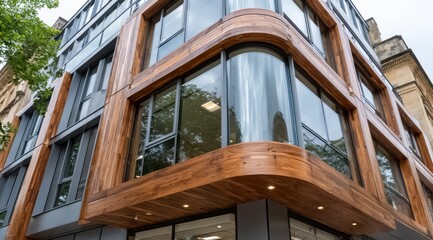 Building with a wooden facade and large windows. The building has a modern design and he is a commercial building