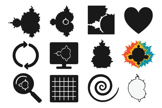 Mandelbrot Fractal Icons. Solid style icons of Mandelbrot set: fractal bulb, zoomed fractal detail, recursive border, abstract