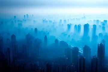 City skyline is shown in a hazy blue sky. The buildings are tall and the sky is filled with a thick fog