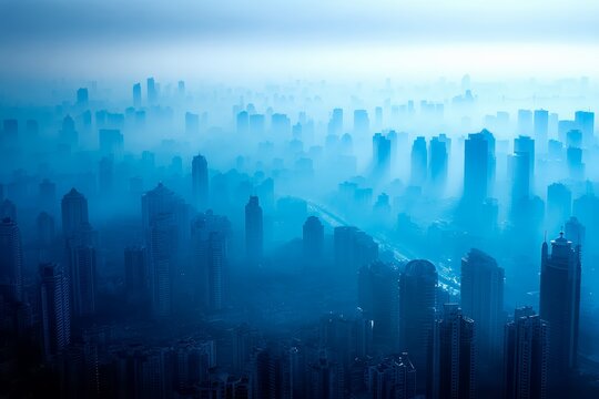 City skyline is shown in a hazy blue sky. The buildings are tall and the sky is filled with a thick fog
