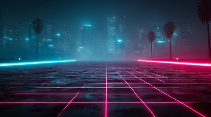 Cityscape with a neon sign that says "Welcome to the Future". The city is lit up with bright colors