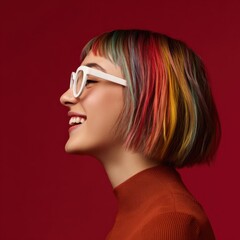 Naklejka premium Smiling young caucasian female with colorful hair and glasses on red background