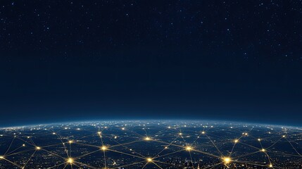 Nighttime cityscape illuminated by natural light, featuring network connection lines representing the digital world concept