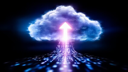 Cloud with an arrow pointing upwards. The cloud is surrounded by a purple and blue light