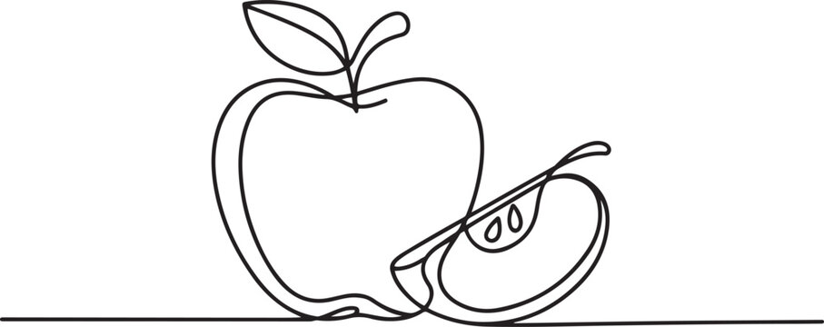 Single one line drawing whole and slice healthy organic apple for orchard logo identity. Fresh delicious fruitage concept for fruit garden icon. one line Icon drawing