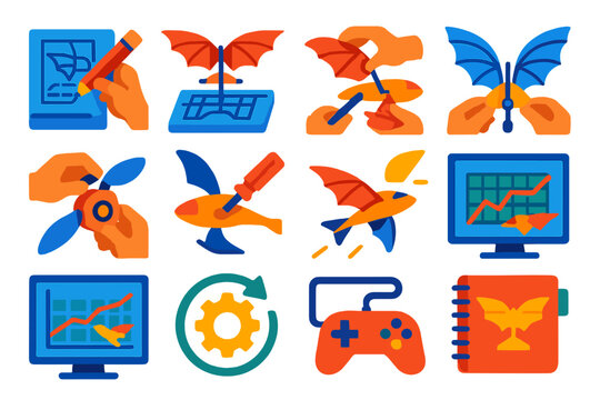 Ornithopter Design Icons. Flat vector icons of ornithopter design workflow: sketching, prototyping, assembly, wing attachment,