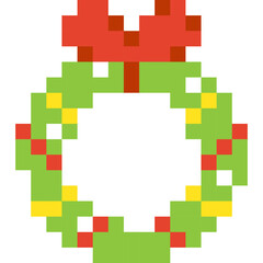Merry Christmas Wreath. Illustration of 8 Bit Game Winter Object. Mosaics, Embroidery and Drawing. Seasonal Decorations with Bow