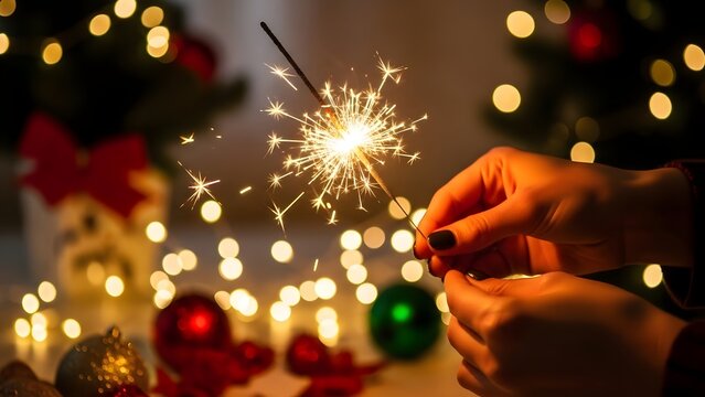 Sparkler in hand with Christmas decorations and lights in background. - Powered by Adobe