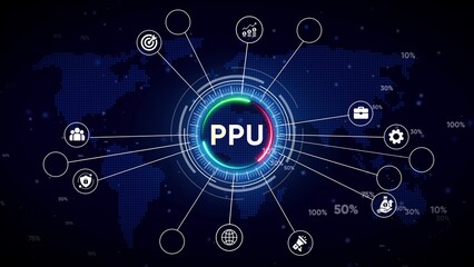 Digital technology network with PU acronym and global map background image photo