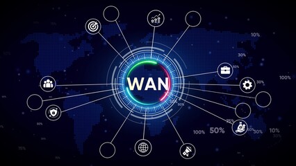 Fototapeta premium Digital network diagram illustrating WAN with connected icons and world map background wide area network