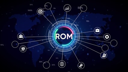 Digital network diagram with ROM at the center on a world map background Read-Only Memory computer memory