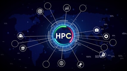 Obraz premium HPC High Performance Computing Network Hub with Global Map and Icons image photo