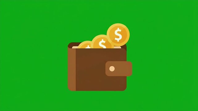 Animated Brown Wallet Filling With Gold Coins On Green Background.