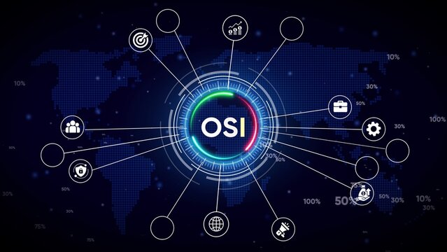 Digital network diagram with OSI at the center on a world map background Open Systems Interconnection