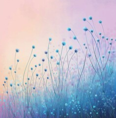 Abstract illustration of blue wildflowers with pastel background in light pink and sky blue colors, artistic floral design concept.