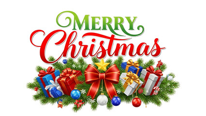 Transparent background merry christmas text with festive gift box decoration isolated on transparent background