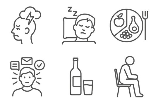 Icons of Detrimental Habits. Line style icons of habits that harm neuroplasticity: chronic stress symbol, lack of sleep icon, poor