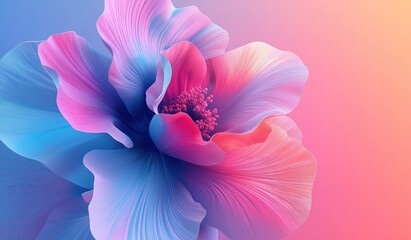Colorful gradient background with elegant flower in center featuring pink and blue color scheme, close up of petal texture with three dimensional effect.