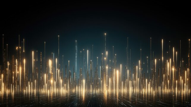 Futuristic cityscape features illuminated data transfer lines on a blue background, representing modern digital communication and connectivity