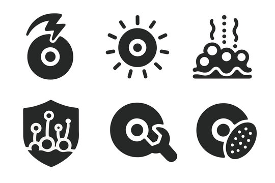 Cell Regeneration Icons. Solid style icons of plasma and cell regeneration: human cell with healing arc, stem cell activation icon