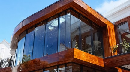 Fototapeta premium Large building with a wooden exterior and a glass roof. The building has a modern design