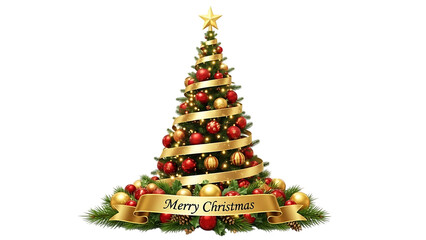 Transparent background decorated christmas tree with star and banner saying merry christmas isolated