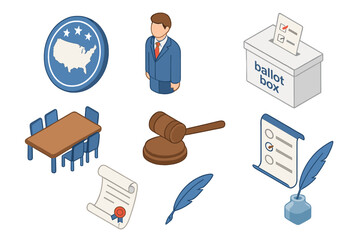 Electoral College Icons. Isometric vector illustration set Voting and elections – electoral college icons: state seal, delegate