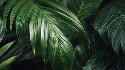 Close up view of vibrant green leaves with detailed veins and a dark background in a natural setting
