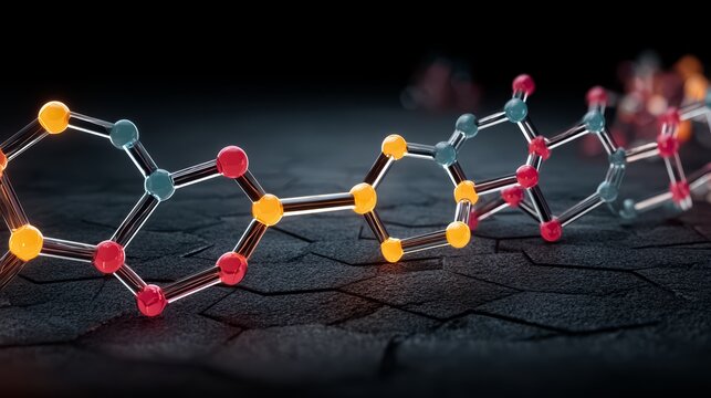 Long chain of colorful molecules is shown in a black background. Concept of complexity and interconnectedness