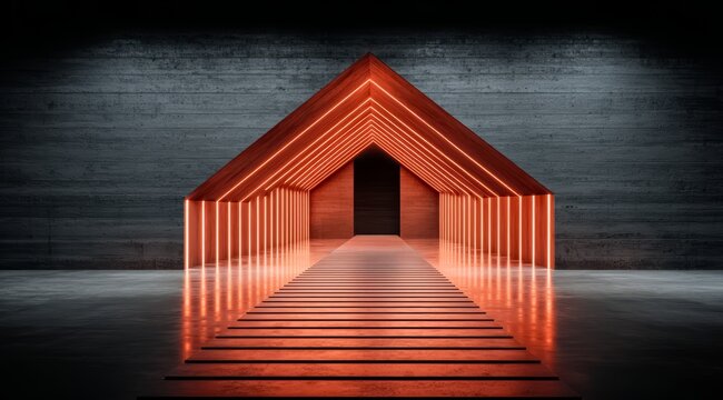 Long, narrow hallway with a red roof and glowing orange lights. The hallway is empty and the lights are on - Powered by Adobe