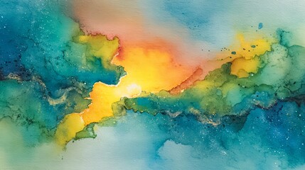 Painting of a blue and yellow sky with a yellow sun. The sky is filled with stars and the sun is shining brightly